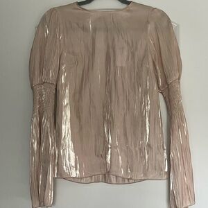 Topshop Women’s Satin Ruched Sleeve Blouse Gold Open Back Tie Keyhole NWT Sz. 2
